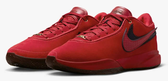 View of red Nike LeBron shoes.